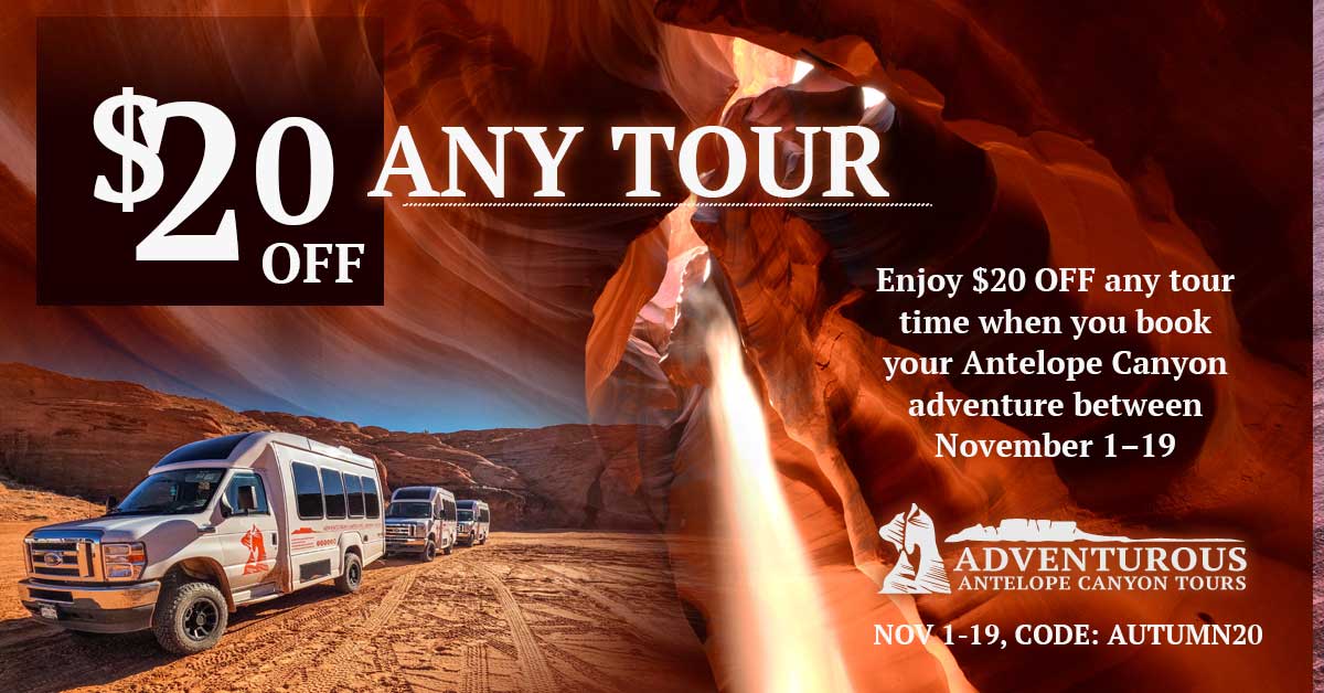 Antelope Canyon tour promotion with $20 off and tour buses in desert landscape.