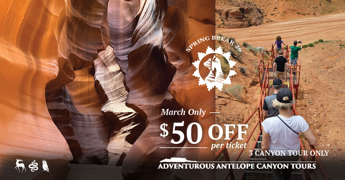 Ad for Antelope Canyon tours with $50 off, features canyon image and people on a tour platform.