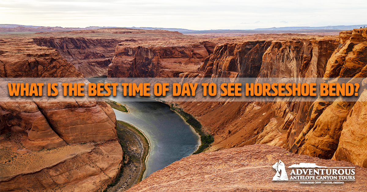 Horseshoe Bend canyon with tour company logo and text overlay.